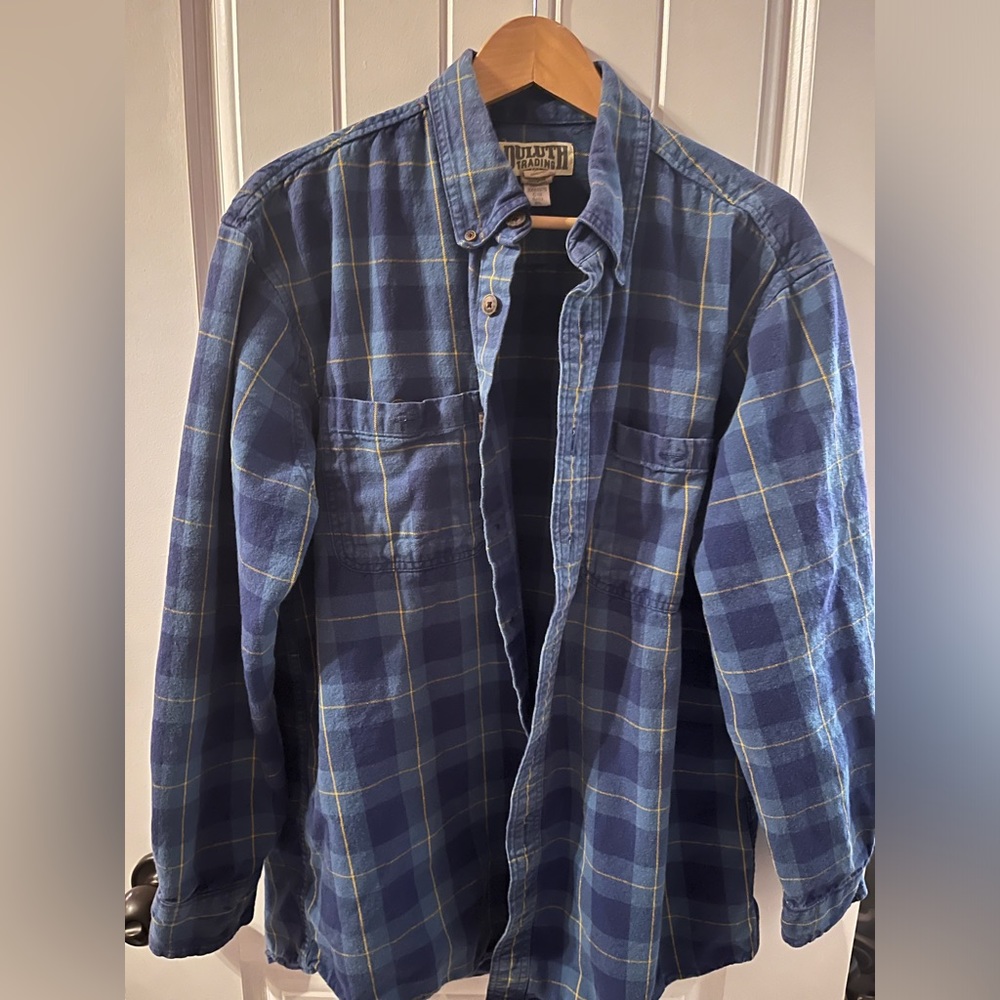 Duluth Trading Co Shirt Mens Large TALL Button Down Blue Plaid Flannel